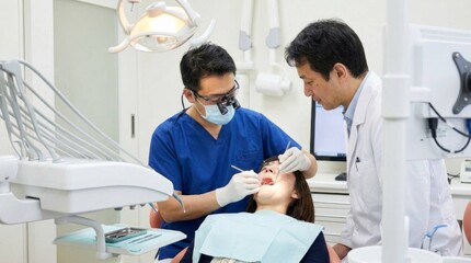 Técnico em Saúde Bucal atendendo paciente em clínica, com supervisão do professor